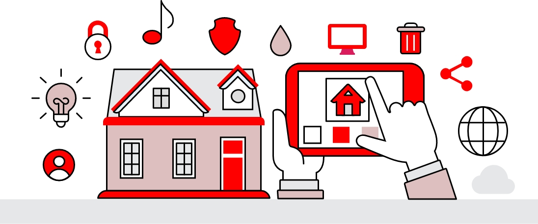Crveno bele ikonice pametne kuće pametnih uređaja i mreže koja ih povezuje